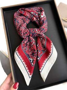 1条女士缎面佩斯利印花方巾，70*70厘米，真丝方巾，可作头巾、发带、时尚女士头巾、披肩、围巾、领巾，适合沙滩、度假等场合。 - 酒紅腰果B - 查看 1
