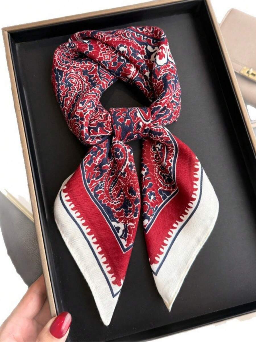 1条女士缎面佩斯利印花方巾，70*70厘米，真丝方巾，可作头巾、发带、时尚女士头巾、披肩、围巾、领巾，适合沙滩、度假等场合。 - 酒紅腰果B - 查看 1