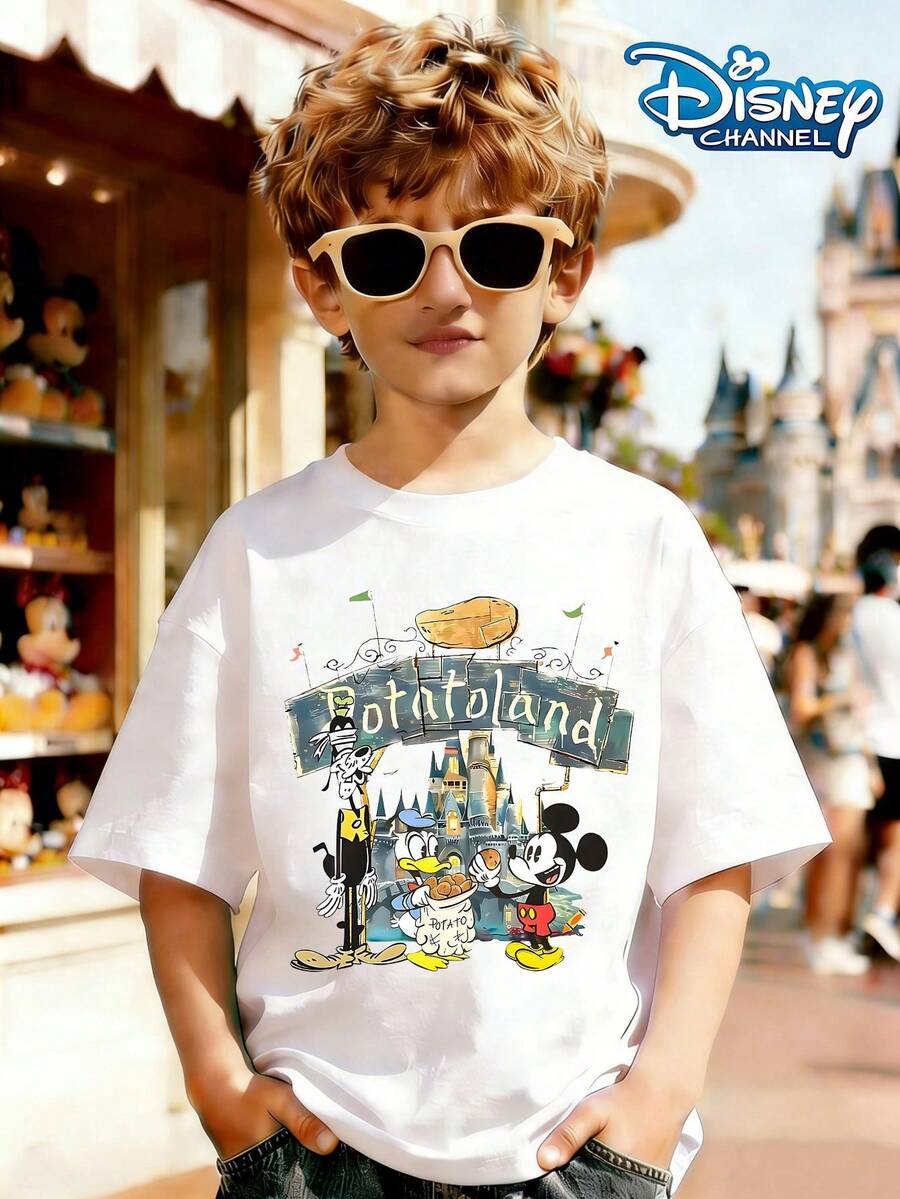 Potato Disney Theme T-Shirt, Mickey Mouse, Donald Duck And Other Characters Gather At "Potatoland" Print Pattern Summer Tops,Short-Sleeved Casual And Cute Style  Children's Clothing Design, Boy Clothes For Kids ,Ropa Para Niños,Boy Clothes For Kids,Graphic Tee, Summer Clothes,Perfect For Cool Boy. Comfortable And Breathable Children's Short-Sleeved T-Shirt. Comfortable And Casual Wear All Year Round 180g Pure Cotton Children's Clothes,Comfortable & Lightweight, Iconic Print For Mix-And-Match Outfits,Suitable For Both Boys And Girls. - 白色 - 查看 1