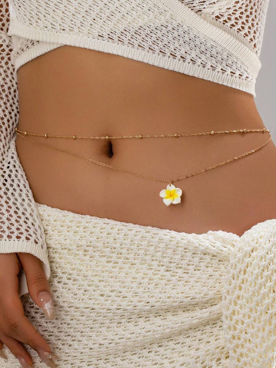 1条双层腰链，带花朵吊坠，波西米亚风度假沙滩肚链，女士饰品 - 金色 - 查看 1