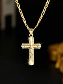 1pc Men's Figaro Chain + Micro-Inlaid Zirconia Jesus Cross Necklace, Classic Hip-Hop Versatile Accessory, Fashionable Men's Jewelry Suitable For Hip-Hop Outfits And Daily Wear - Yellow Gold - View 1