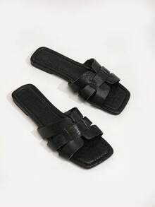 WideFit Women Soft Woven Texture Cross Strap Decor Solid Square Toe Wide Strap Flat Slide Sandals Minimalist Daily Summer Black Lizard Texture PU Slide Slippers - Black - View 13