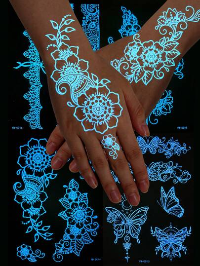 Bộ 6 hình xăm dán phát sáng màu xanh dương, họa tiết Mandala trắng, thích hợp dán lên cánh tay, bàn tay, lưng và ngón tay, hình xăm tạm thời phát sáng trong bóng tối, họa tiết ren hoa trừu tượng dễ thương, chống thấm nước, bền lâu, hình xăm giả.