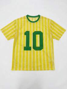 男士巴西风黄色条纹网眼足球服，复古10号图案T恤，时尚绿色和黄色透气上衣，现代宽松落肩运动T恤，夏季速干休闲足球服。 - 黃色 - 查看 3