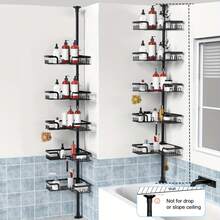 Adjustable Tension Pole Shower Caddy 5 Tier - Corner Bathroom Organizer With Hooks, 43.5-120 Inch Rustproof Iron Shelf Rack, Floor To Ceiling Storage, Black - Black - View 5