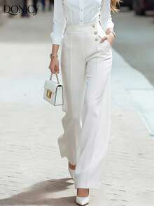 DONICY 女士优雅简约高腰金属扣白色直筒裤，适合通勤、休闲、商务、新年派对等场合 - 白色 - 查看 1
