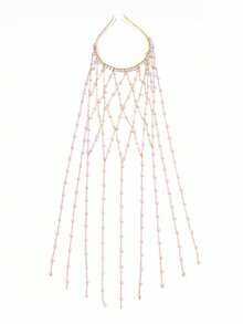 1pc Elegant Hollow Pearl Hair Hoop Chain, Women's Fashionable Sparkling Rhinestone, Shiny Tassel Hair Accessory For Daily Wear And Party - Gold - View 2