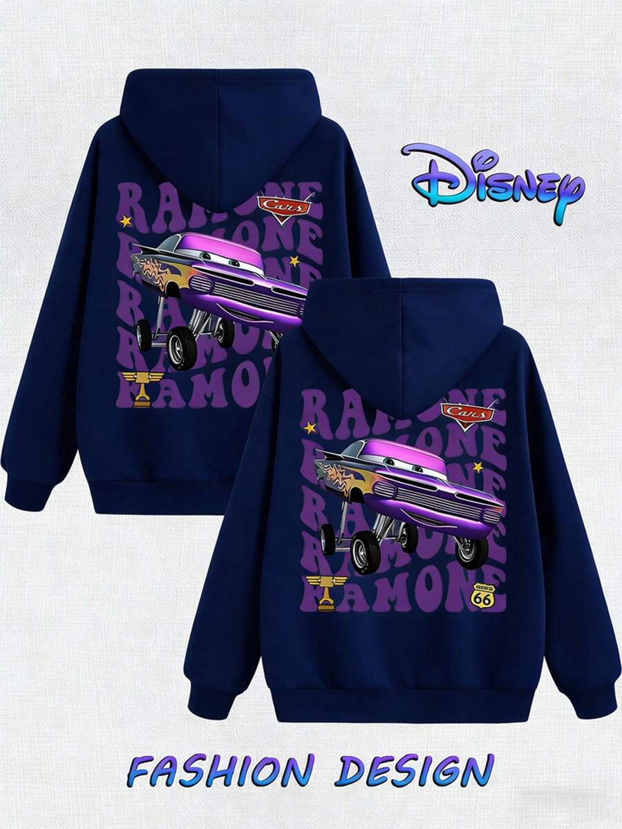 Retro Disney Cars Purple Ramone Racing Car Graphic Hoodie, Premium Cotton Blend, Classic Cut, Casual Streetwear, Ideal For Festivals & Gifts, Perfect Gift For Disney And Racing Fans, Comfortable Pullover Sweatshirt - Màu xanh hải quân - Xem 1