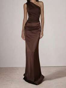 女士优雅纯色褶皱缎面拼接连衣裙，适合外出、派对、鸡尾酒会、婚礼宾客和春季度假派对等场合。 - 棕色 - 查看 1