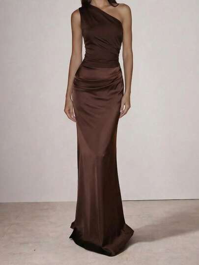 女士优雅纯色褶皱缎面拼接连衣裙，适合外出、派对、鸡尾酒会、婚礼宾客和春季度假派对等场合。