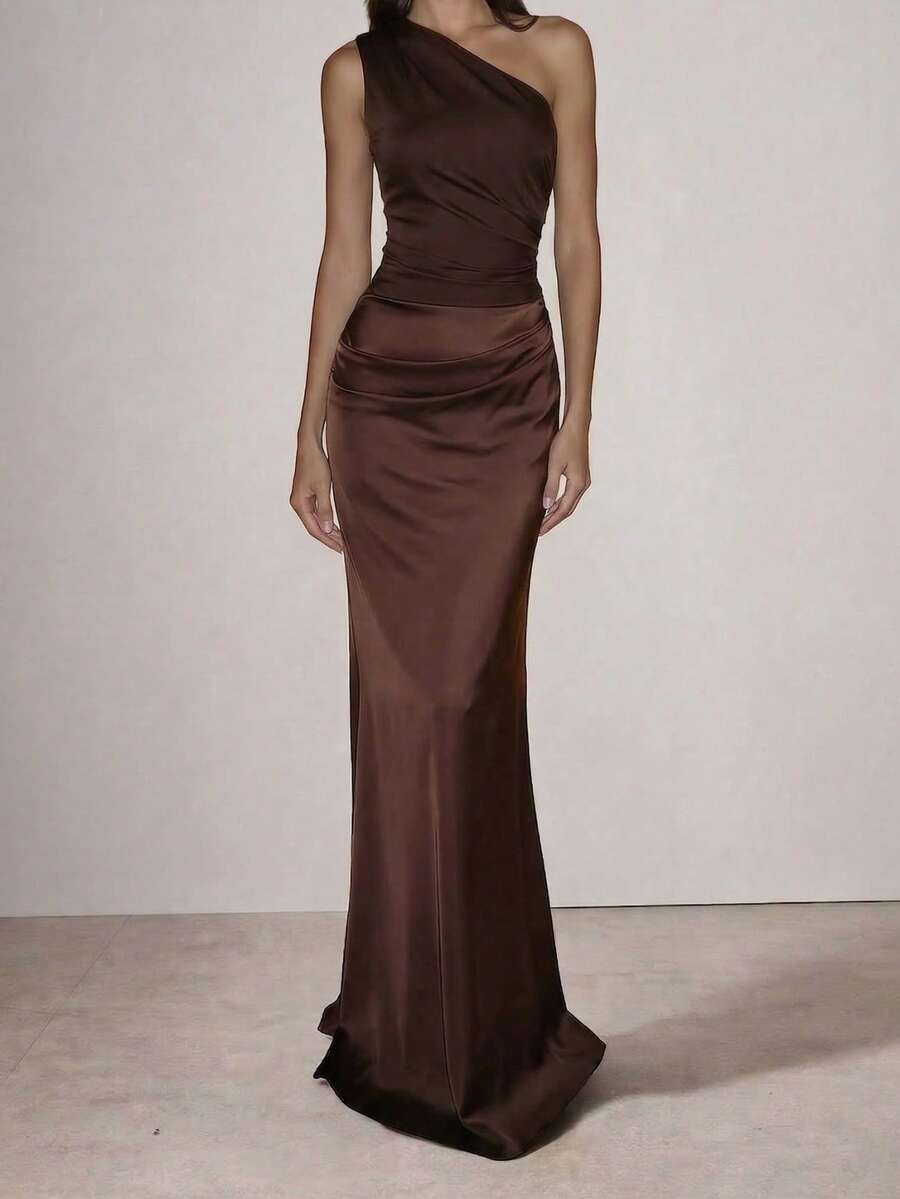 女士优雅纯色褶皱缎面拼接连衣裙，适合外出、派对、鸡尾酒会、婚礼宾客和春季度假派对等场合。 - 棕色 - 查看 1