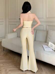 abyoxi Bộ đồ 2 mảnh màu vàng thanh lịch, giản dị, gợi cảm gồm áo crop top cổ yếm hở lưng và quần ống loe cạp cao buộc dây phía trước, thích hợp cho kỳ nghỉ, đi biển, lễ hội, tốt nghiệp, mùa xuân hè. - Màu vàng ngỗng - Xem 2