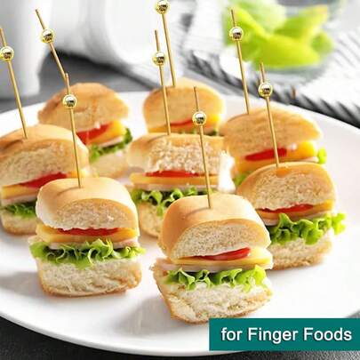 【200支/100支/50支/10支装】一次性竹签，结实耐用，适用于厨房、餐厅、水果沙拉、婚礼、派对等场合，圆珠设计，金色/粉色/白色可选