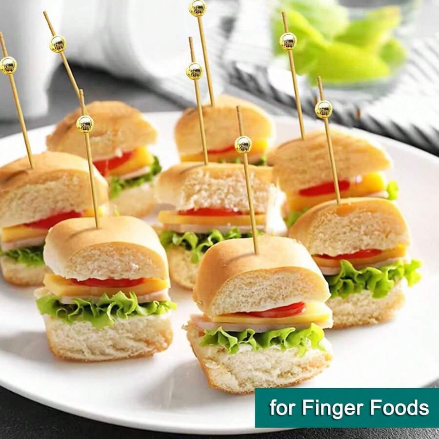 【200支/100支/50支/10支装】一次性竹签，结实耐用，适用于厨房、餐厅、水果沙拉、婚礼、派对等场合，圆珠设计，金色/粉色/白色可选