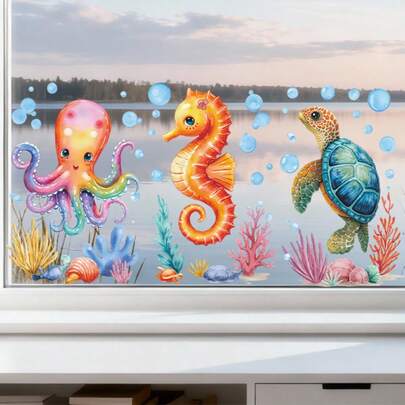 3张夏季海洋动物窗贴，海底世界章鱼、海马、海龟、珊瑚、贝壳图案，适用于卧室、客厅、商场展示柜等，自粘式，双面可见，可贴于车窗，亦可作为玻璃窗装饰。