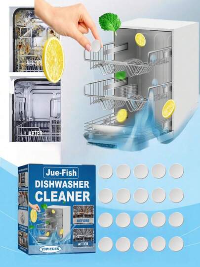 JUE FISH Pastillas limpiadoras para lavavajillas, diseñadas especialmente para lavavajillas con cajón incorporado para eliminar manchas y grasa. Las pastillas limpiadoras para lavavajillas contienen citrato de sodio y tensioactivos no iónicos, limpiando eficazmente cada rincón del lavavajillas y eliminando la grasa, los residuos de alimentos y los olores.
