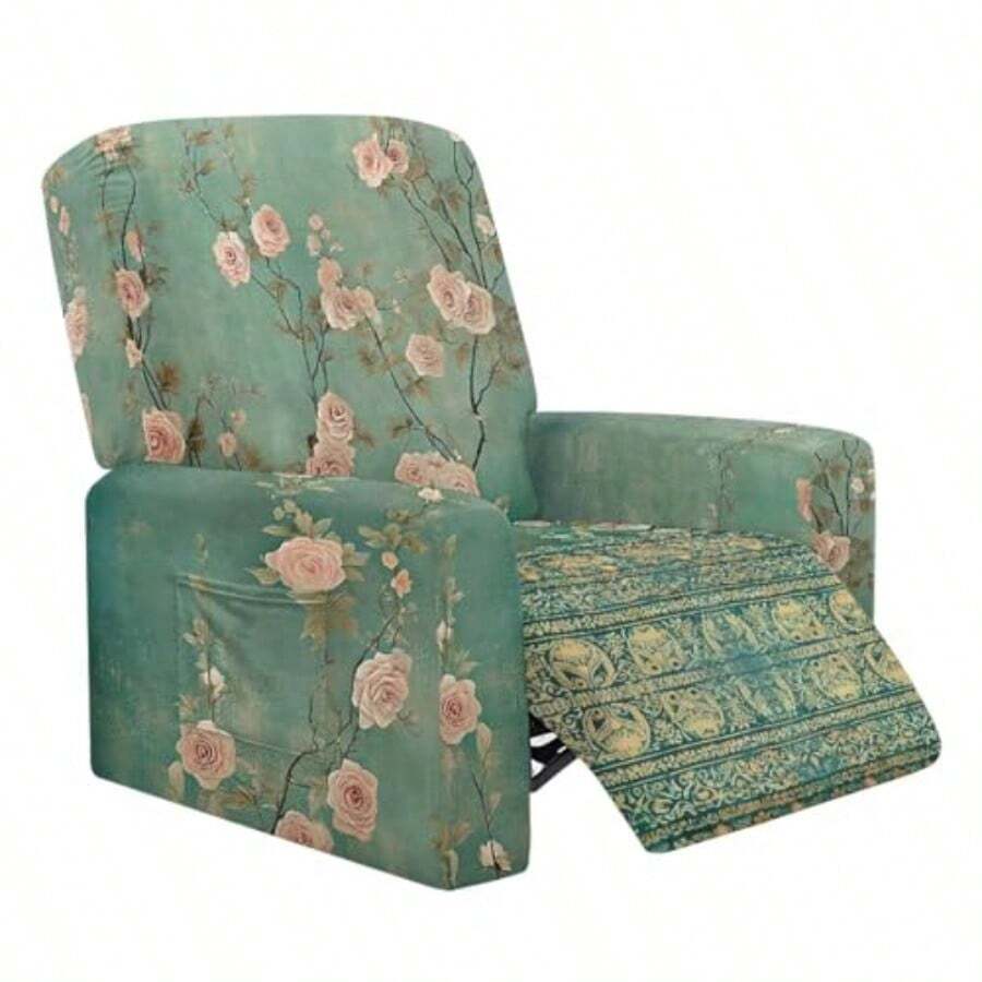 Talayituse - Fundas reclinables con patrón de flores de rosa clásico 4 piezas fundas para sillas reclinables fundas elásticas para sillones fundas para sillones antideslizantes con bolsillo - Rosa clásica - Ver 1
