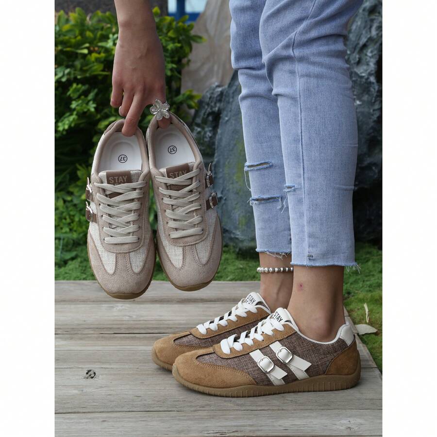 Women's Lace-Up Casual Sneakers, Retro Merell Style Athletic Shoes With Buckle Decor, Suitable For Commuting, Campus And Leisure Travel - Brown - View 1