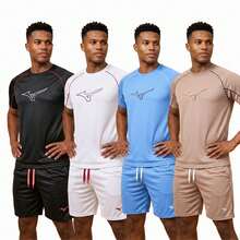 Men's Dry-Fit Shirt And Shorts Set With Silk Logo For Gym - 黑色 - 查看 1