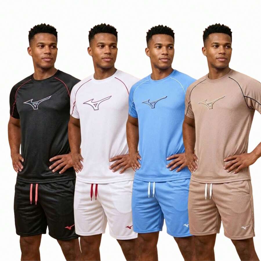 Men's Dry-Fit Shirt And Shorts Set With Silk Logo For Gym - 黑色 - 查看 1