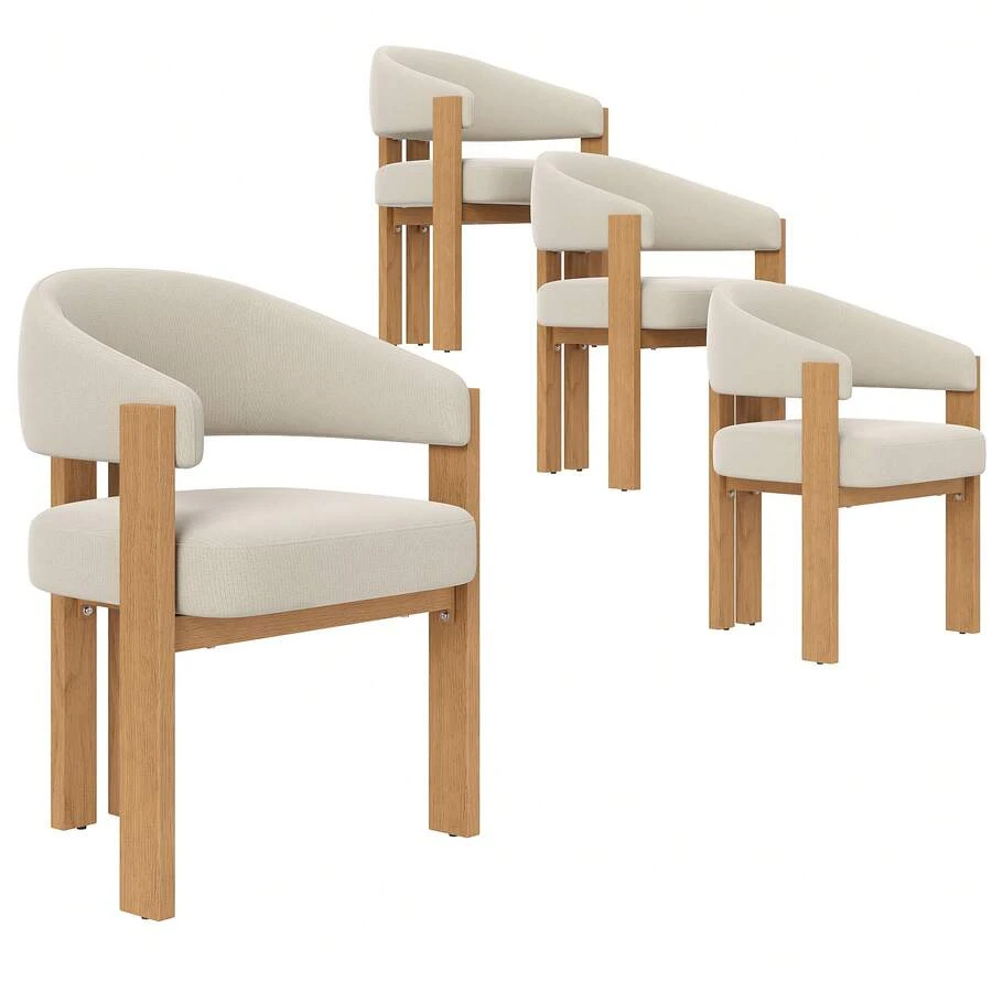 Set Of 4 Ergonomic Dining Chairs With Thick Padding, Sturdy Iron Legs And Wood Look – Breathable And Easy To Clean, Ideal For The Bedroom, Dining Room And Living Room. - Beige + Natural Color + Flannel + Metal + 4 Handles - View 1