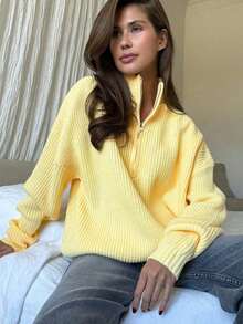 Women's Simple Ribbed Solid Color Casual Korean Textured Commuter Loose Versatile Stand Collar Zipper Half-Placket Pullover Long Sleeve Sweater, Spring/Autumn/Winter - 黃色 - 查看 2