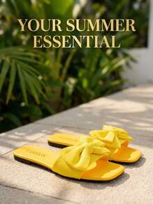 1 Đôi dép xăng đan đế bằng một quai, mũi vuông, chống trượt, đính nơ, chất liệu PVC dành cho nữ, kiểu dáng ngọt ngào, thích hợp cho kỳ nghỉ biển và mặc hàng ngày, trang phục mùa hè. - Màu vàng - Xem 8