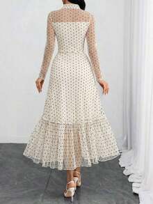 Women's Elegant, Sexy, Romantic, Retro Polka Dot Double-Layer Bow Dress, Suitable For Commuting, Dating And Vacation Black Spring - 杏 - 查看 4
