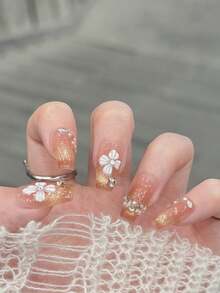 10片/套 压贴式美甲，花卉茶歇设计，春夏系列，3D冰晶效果，闪粉闪耀，猫眼光泽，叠钻，优雅气质，手工制作的压贴式美甲。 - 彩色 - 查看 2