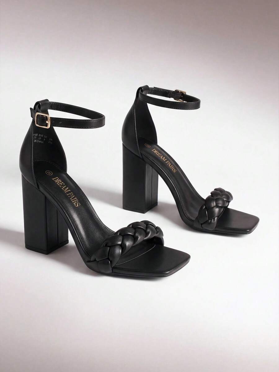 Women High Heel Summer Sandals Braided Open Toe Ankle Strap Chunky Heeled Sandals Party Wedding Dating Dress Pumps Shoes, For Daily,Vacation - màu đen - Xem 1