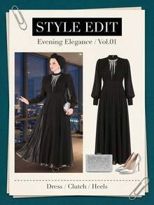 Modest Fashion High End Hot Stamping Diamond Women's Abaya Dresssheer Waist Cinched Plain Robe Dress Spring Black - Black - View 5