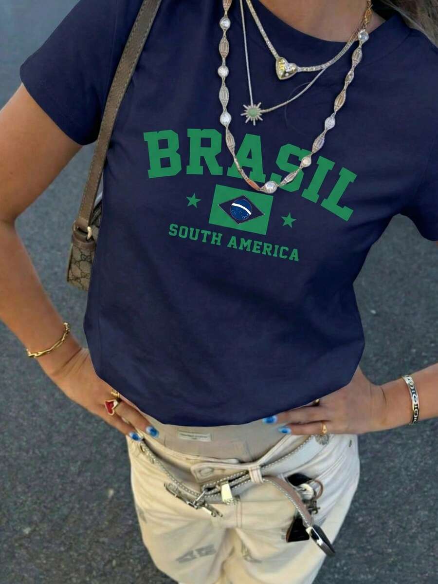 Women's Vintage Navy Blue Brazil Flag & South American Print Round Neck Short Sleeve Casual T-Shirt Summer - Royal Blue - View 1