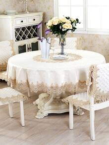 1pc Lace Round Tablecloth, Modern Minimalist Champagne Color Polyester Jacquard Fabric Water-Soluble Lace Embroidery Hollow Round Tablecloth, Suitable For Bedroom, Living Room, Round Table, Dining Table - Champagne - View 7