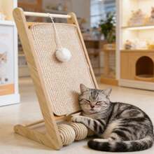 Vertical Cat Scratcher With Hanging Toy Natural Sisal Wooden 2-In-1 Scratching Board Durable Claw Grinding Toy For Indoor Cats To Keep Them Entertained - one-size - View 1