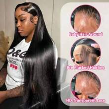 34inch 200% Density 5*5 Put On And Go Pre Cutting Straight Lace Frontal Wig Natural Black Color 13*4 HD Lace Front Wig With Baby Hair Natural Hairline Ear To Ear Pre Plucked Brazilian Virgin Middle Part Wig Human Frontal Hair Weaves Wig Blended Hair - Natural & Black - View 7