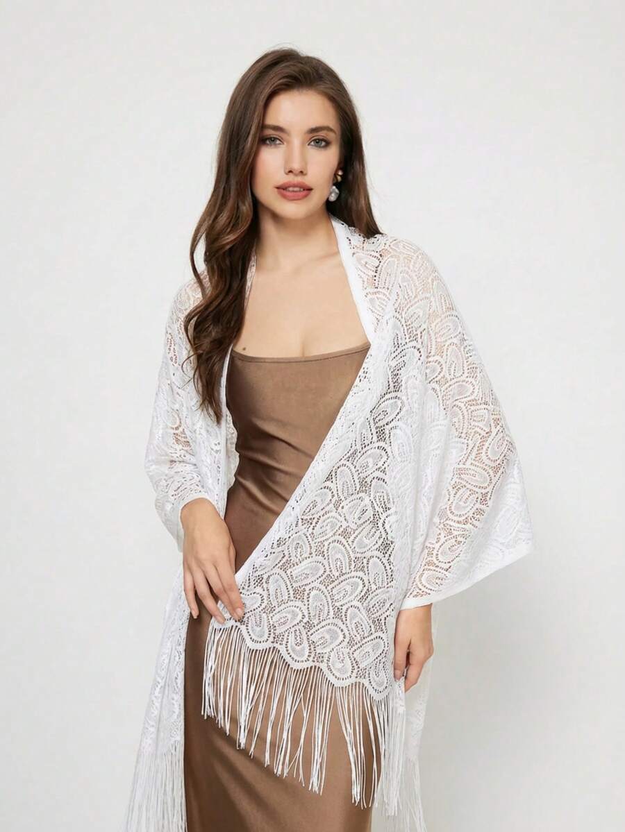 1件极简蕾丝披肩，优雅镂空蕾丝晚礼服披肩，新娘风格披肩，也可作围巾使用 - 01-白色 - 查看 1