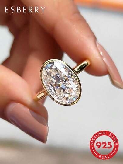 ESBERRY 1pc 8 Carat Elegant Luxury 925 Sterling Silver Minimalist Oval Single Diamond Ring, Women's Jewelry Gift, Wedding Gift, Bridal Jewelry, Couples, Anniversary, Valentine's Day, Christmas Decor