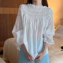 Áo kiểu chiffon Hàn Quốc thanh lịch, ngọt ngào, độc đáo với tay phồng, cổ tròn, thiết kế bèo nhún, thích hợp cho mùa thu xuân. Màu trắng. - trắng - Xem 3