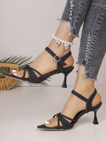 优雅黑色尖头细高跟女鞋，扭结交叉绑带配踝带单扣设计，夏季通勤及约会必备高跟鞋 - 黑色 - 查看 15