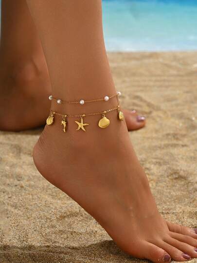 1 pieza Tobillera bohemia de doble capa con colgante de estrella de mar, concha y delfín, estilo de vacaciones en la playa, accesorio de verano para mujer