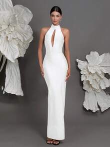 Halter Neck Knitted Bandage Dress, European And American Luxury New Arrival Evening Gown, Fashion Sexy Bodycon Dress For Family Parties, Cocktail Parties Wedding Party White - White - View 3