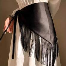 Women Retro Waistband Tassel Wide Waist Belt Fashion Triangle Tassel Corset Belt Shirt Dress Coat Decor Accessories - 黑色 - 查看 3