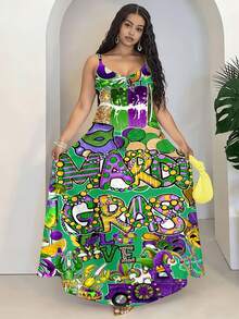 Mardi Gras Theme Women's Strapless Maxi Dress With Colorful Festival Print For Carnival Party Celebration And Holiday Events - Black - View 1