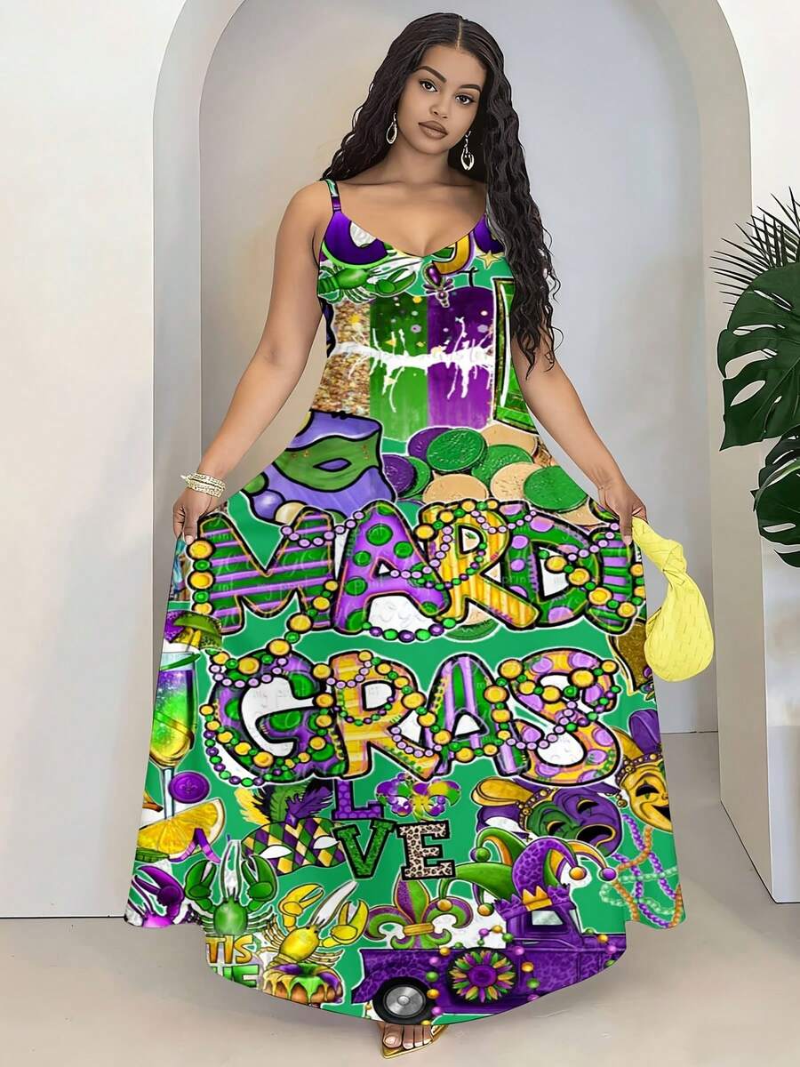 Mardi Gras Theme Women's Strapless Maxi Dress With Colorful Festival Print For Carnival Party Celebration And Holiday Events - Black - View 1