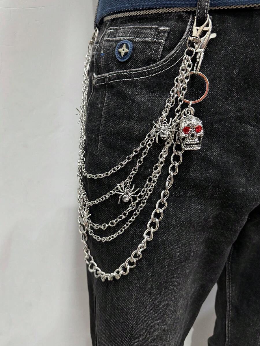 1pc Gothic Punk Style Pants Chain With Spider & Skull Pendant, Suitable For Men & Women To Pair With Jeans, Casual Pants, Daily Wear And Street Party - Silver - View 1