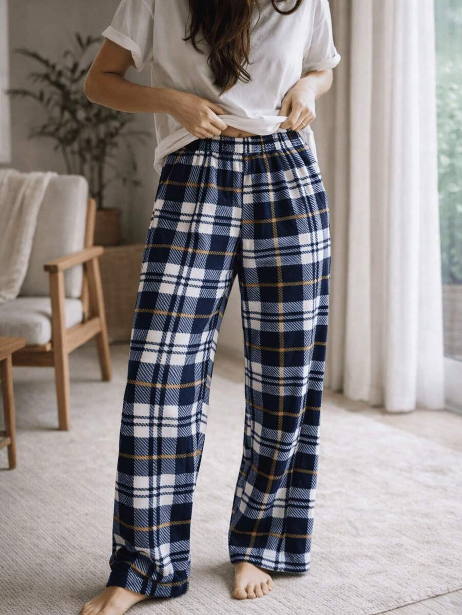 VB ONLINE Women's Fleece Pajama Pants, Comfortable Soft Plaid, Warm, Sleepwear For Winter, Sizes M To XL - Cờ Hải quân - Xem 1