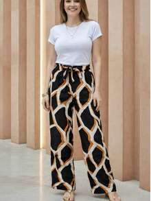 Printed Wide-Leg Pants In Viscose Linen, High Waist, With Pockets, Lining And Tie Detail. - Pantalones de pierna ancha con estampado de rombos negros - Ver 2