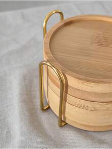 6pcs Bamboo Coaster Set With Holder - Natural Wooden Coasters, Waterproof And Heat-Resistant, Suitable For Home/Bar/Kitchen Decor - Wood Color - View 3