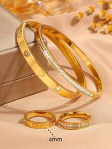 4pcs Stainless Steel Heart Shaped Rhinestone Bracelet & Ring Set, Waterproof & Fade-Resistant, Suitable For Women's Daily Wear, Holiday Gift - Gold Heart - View 22