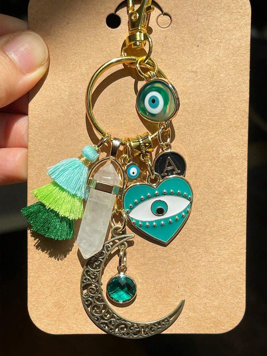1 pieza Llavero con colgante en forma de ojo del diablo y luna de cristal verde natural y de strass verde, accesorio para mochila, llavero de coche, pequeño regalo de uso diario - Verde - Ver 1